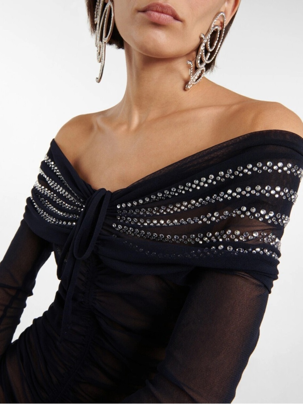 JEAN PAUL GAULTIER Crystal Embellished Mesh Off Shoulder Ruched Dress in Navy - Picture 4 of 13